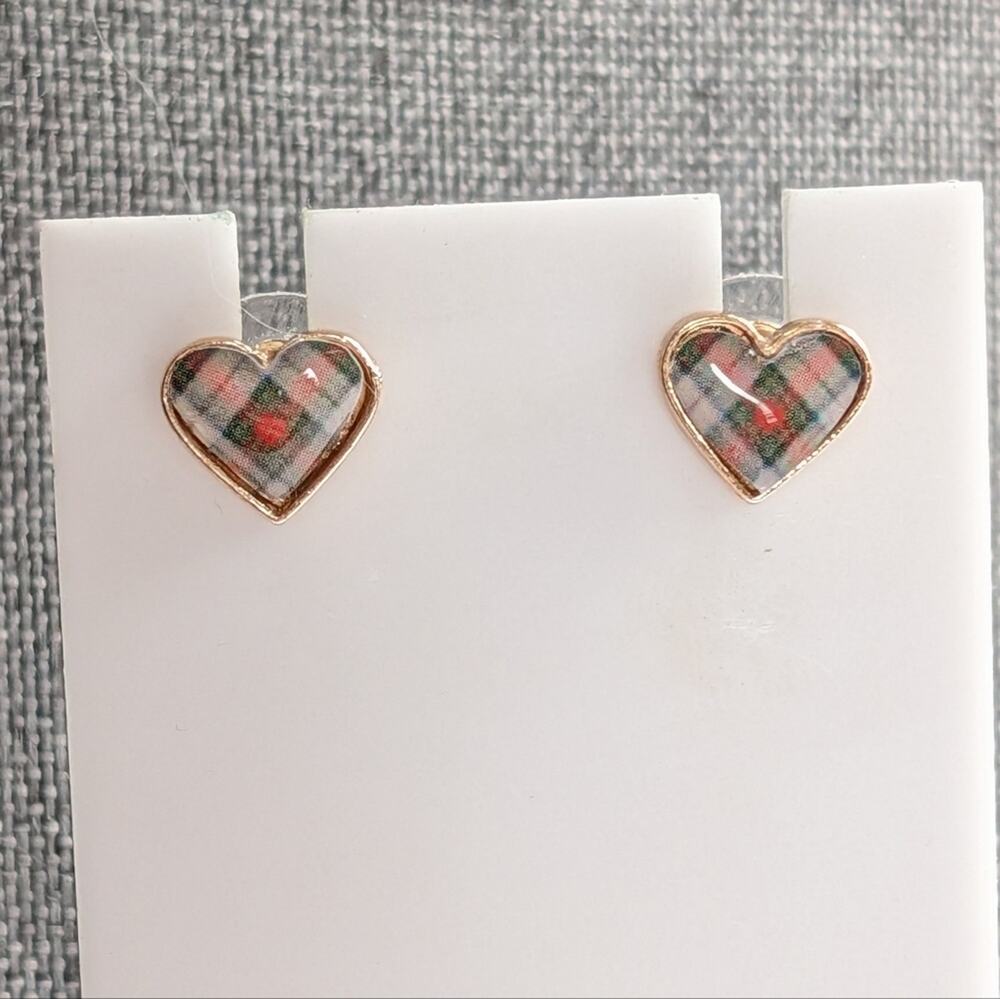 Dainty Feminine Holiday Tartan Plaid Gold Tone Heart Post Stud Earrings NWOT